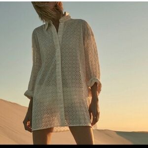 Zara Embroidered Eyelet Shirt Dress Cream Large